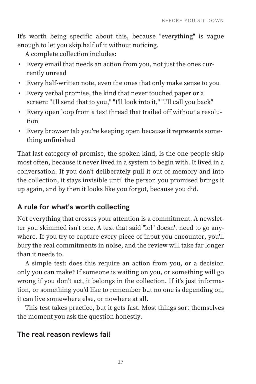 Page 17 of The Weekly Review, set in a serif book face with a bulleted list, two sans-serif section headings, a running head and the page number.