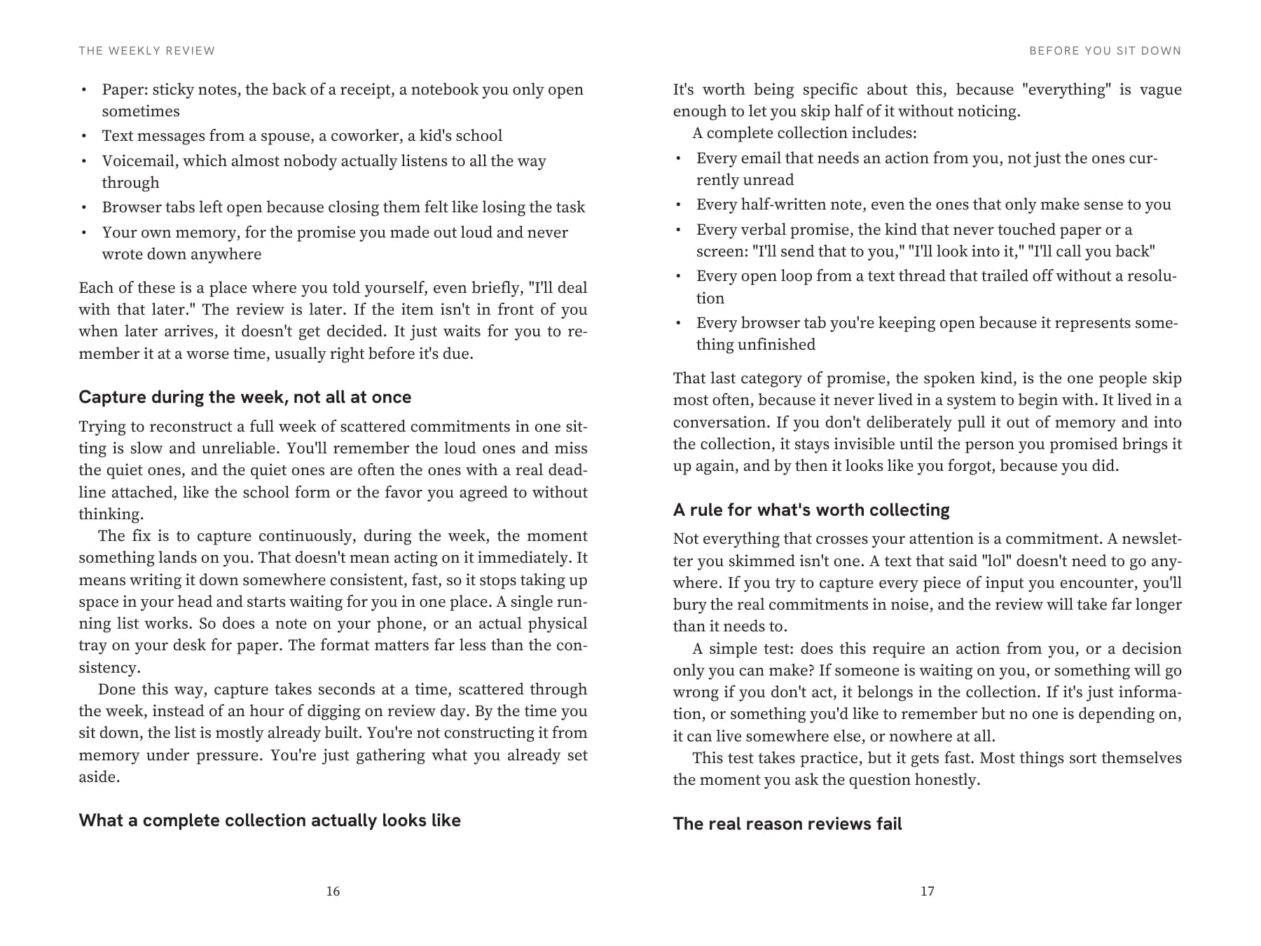 Two facing pages from The Weekly Review, set in a serif book face with sans-serif section headings, bulleted lists, running heads and page numbers 16 and 17.