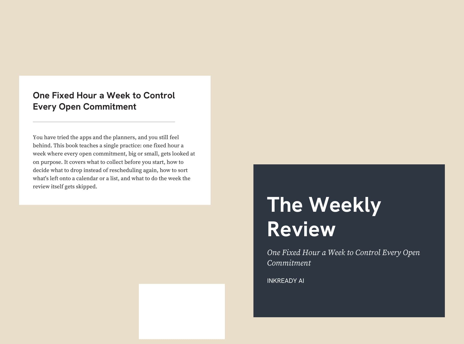 The wrap cover of The Weekly Review, laid flat on a sand-coloured ground: the back panel with the subtitle and a short description of the book on a white panel, and a white box below it where the barcode goes; the narrow spine; and the front, with the title, the subtitle and the byline InkReady AI in white on a dark navy band.
